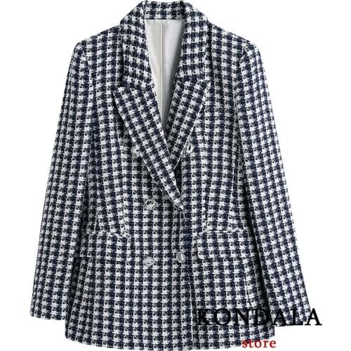 KONDALA Za Fashion Womens Blazer Plaid Office Lady Pockets Oversized Long Jackets Women Vintage Loose Blazer Female Chic Tops