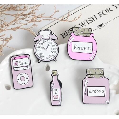 Pink Cartoon Pin Alarm clock Mp3 Enamel Lapel Brooches Fix a Broken Heart Dreams Love Bottle Cute Badges Jewelry Full girl heart