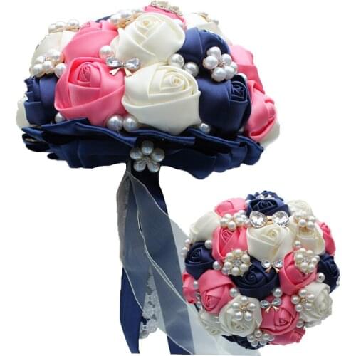 Wedding Bouquets Satin Ribbon Simulation Flower Pearls Rhinestones Bridal Accessories Sweet 15 Quinceanera Bouquets W128-A