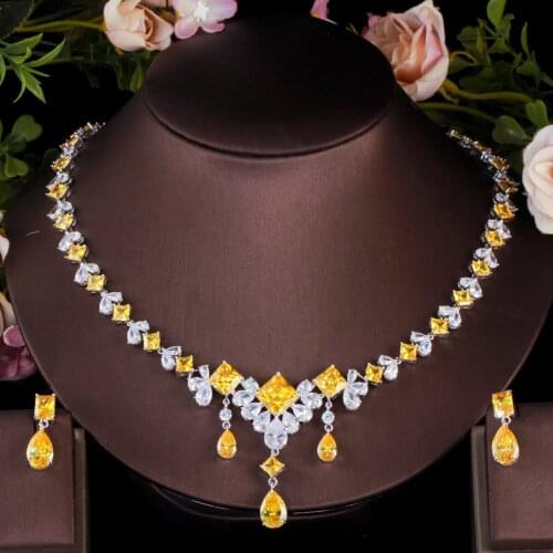 ThreeGraces Luxurious Yellow Cubic Zirconia Silver Color Big Water Drop Earrings Necklace Wedding Jewelry Sets for Brides TZ554