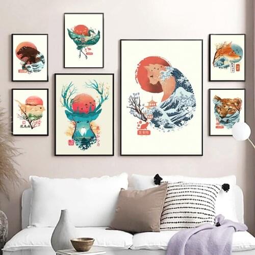Japan Sakura Sun Wave Deer Fox Tiger Wall Art Canvas Painting Nordic Posters And Prints Wall Pictures For Living Room Decoration