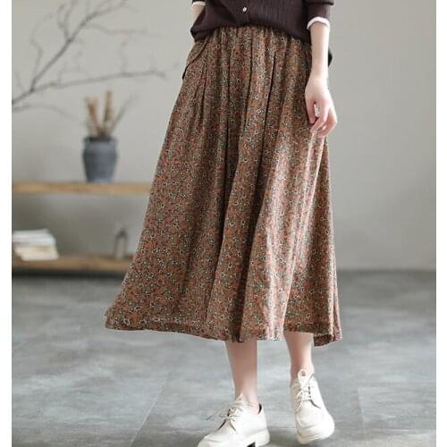 21Summer Skirts Women Print Loose Fold Pockets Elastic Waist Female Mid-Calf Length A-Line Skirt