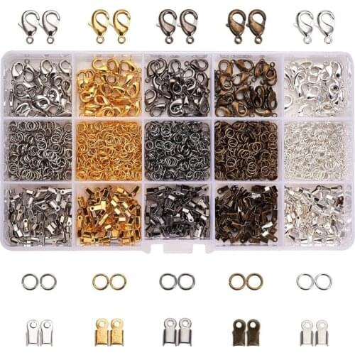 About 1800Pcs/Box Mixed Color Iron Cord Ends Brass Lobster Clasps and Jump Rings In 5 Colors Mixed Sizes Jewelry Making Findings