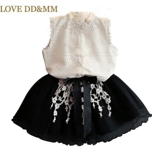 LOVE DD&MM Girls Clothing Sets 2021 Summer New Girl Fashion Bow Sleeveless Lace Shirts + Black Lace Skirts Kids Clothes