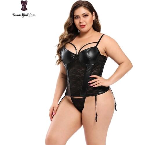 Strap Women Faux Leather Sexy Floral Lace Boned Overbust Corset Black Bustier Waist Cincher Bodyshaper Plus Size