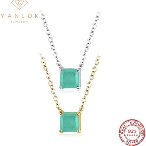 YANLOK Authentic 925 Sterling Silver Square Paraiba Tourmaline Pendant Necklaces For Women Sterling Silver Jewelry Gift Bijoux
