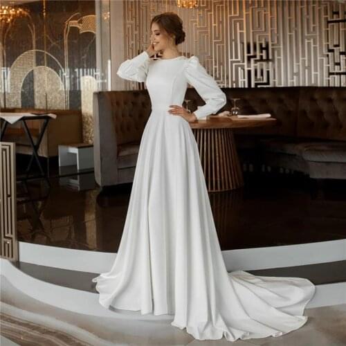 Elegant White Long Sleeve Wedding Dresses Simple Satin Vestido De Noiva Muslim Bridal Gowns Dubai Back Button Robe De Mariée