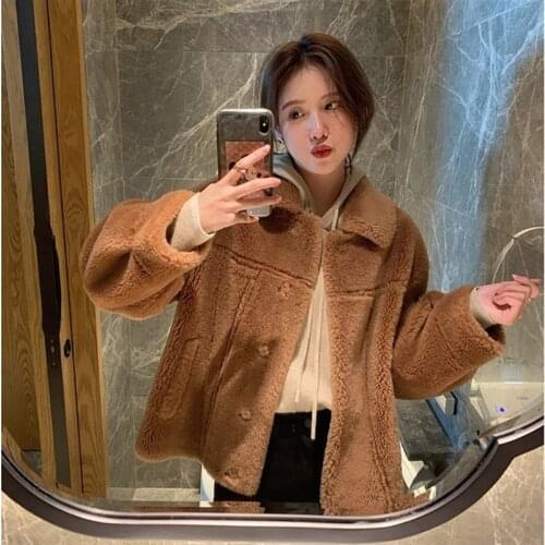 Women Sheepskin Wool Coat Ladies Winter Single Breasted Genuine Fur Outwear Sheep Shearing Jacket Warm Luxury Overcoat X594