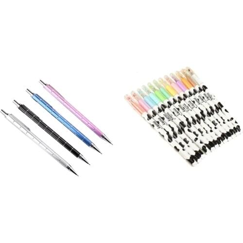 12 Pcs Gel Pen Tiny Milk Cow Pen School Stationery Sundries & 4PCS 0.5Mm Mechanical Pencil Press Automatic Pens