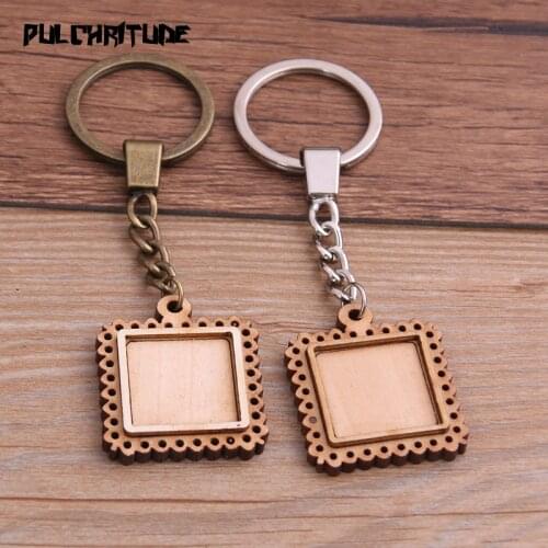 2pcs 20mm Square Wood Cabochon Settings Metal Keyring Accessories Diy Blank Wooden Base Trays For Key Chain 8E1709