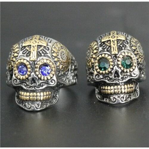4pcs/lot Size 7-14 Cool Skull King Ring 316L Stainless Steel Golden Jesus Cross Color Crystal Eyes Skull Ring