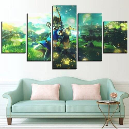 5 Pieces Legend Cartoon Canvas Oil Painting Boy with Sword Posters breath of the wild Pictures Animation For Home Decor Art