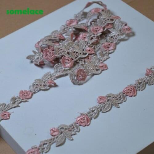 7Yds/Lot 2.5cm Wide Pink Brown Mixed Floral Venise Lace Trim with Design for Wedding Bridal,Garment Decoration1227