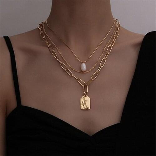 Bohemian Gold Color Multilayered Geometric Portrait Necklace for Women 2021 Creative Face Pearl Chain Pendant Necklace Jewelry