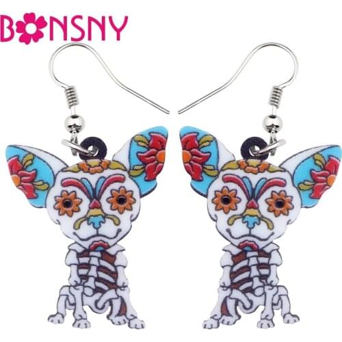 Bonsny Acrylic Halloween Floral Skeleton Dog Earrings Big Long Dangle Drop Novelty Cartoon Jewelry For Girl Women Ladies Teens