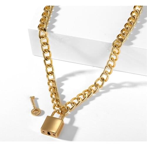Big Chain Unlockable Lock Key Pendant Necklaces Gothtic Gold Lock Chunky Chain Necklace for Women Men Exaggerated Jewelry Gifts