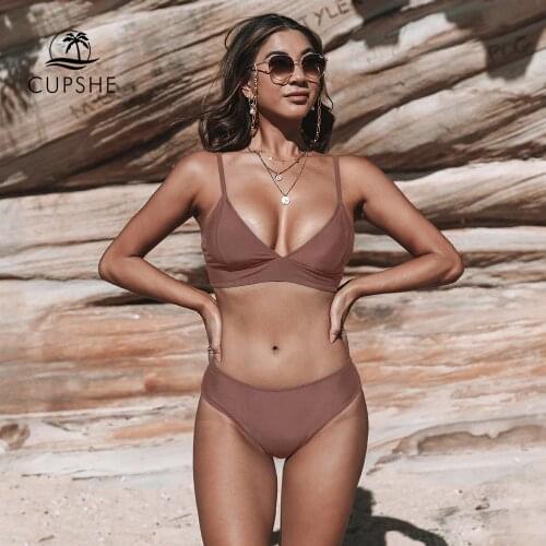 CUPSHE Triangle Lace Up Mid Waist Bikini Sets Swimsuit For Women Sexy Brown Two Pieces Swimwear 2021 New Beach Bathing Suits
