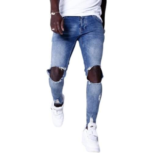 Summer Hot High Street High Stretch Hole Blue Straight Jeans Fashion Low Waist Mens Casual Jeans Pants Streetwear Men