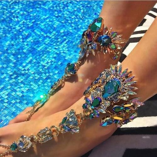 Europe America Fashion Exaggerate Colorful Crystal Toe Ring Anklets For Women Summer Beach Bikini Accessory Foot Jewelry Anklet