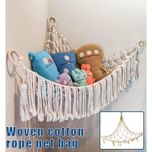 Toy Hammock Net Hand-woven Cotton Rope Toy Storage Bag Bathroom Corner Triangle Toy Storage Net Bag Organizers
