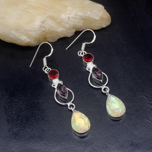 Gemstonefactory Big Promotion Unique 925 Silver Dichroic Glass Garnet Amethyst Women Ladies Gifts Dangle Drop Earrings 20211852