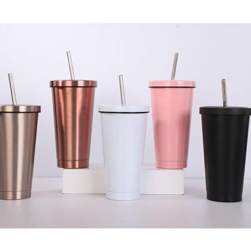 Hot Sale 16oz 304 Stainless Steel Cup With Metal Straw Large Capacity Vacuum Flasks Solid Color Coffee Tumbler Mug