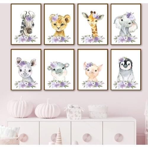 Purple Flower Zebra Lion Giraffe Rhino Penguin Wall Art Canvas Painting Nordic Posters And Prints Wall Pictures Kids Room Decor