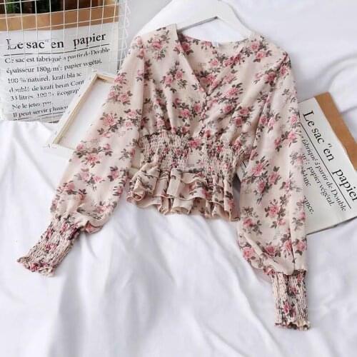 Western style floral short top with high waist pants princess gentle wind fairy chiffon shirt women