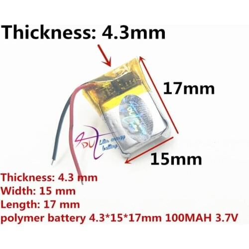 Best battery brand 3.7V polymer lithium battery 431517 MP3 smart watch 100mAH Bluetooth headset