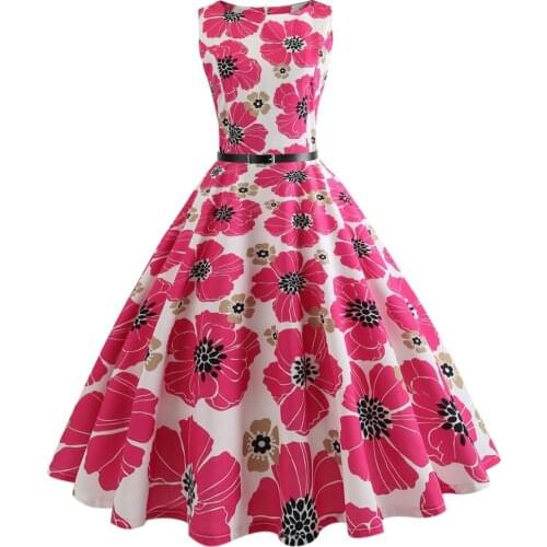 New summer Rose red floral painting Party Dresses Women Dress 50s 60s Retro A-Line Vintage Dress With Belt sexy dancing dress
