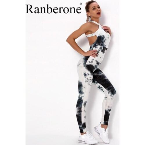 Ranberone Sexy One Piece Suit Women Sport Tights Tie Dye Sports Yoga Jumpsuits Womens Tracksuit Backless Bodybuilding Clothing