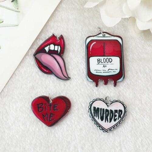 Free Shipping 32Pcs Halloween Charms Creepy Vampire Lips Blood Bag Bite Me Murder Heart Acrylic Findings For Jewelry Diy