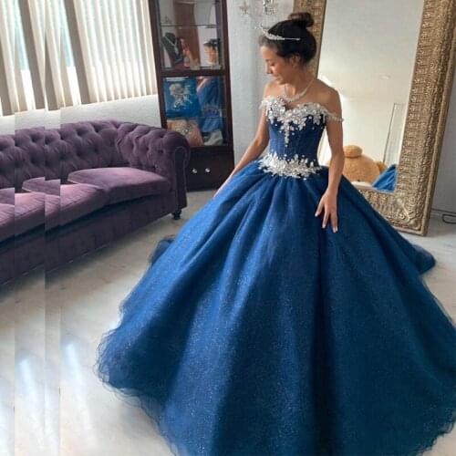 Navy Blue Off the Shoulder Quinceanera Prom Dresses Crystal Sequined Waist Tulle Puffy Skirt Lace Junior Birthday Party Dress