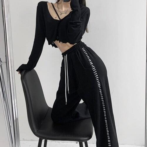 TVVOVVIN Spring Elastic Waist Drawstring Casual Trouser Korean Irregular Pocket Side Bright Line Harem Pants Women 3U9P