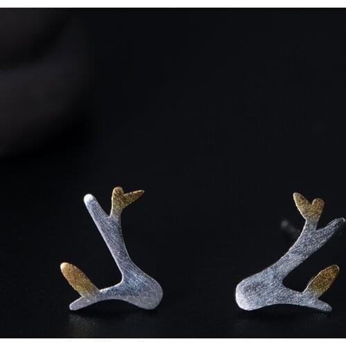 S925 sterling silver Brushed small fresh two-color small tree leaves creative branches mini earrings Women Vintage jewelry
