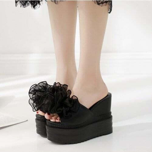 2019 Spring Summer New High Heel Platform Wedges Most Comfortable Womens Slippers Black And White Open Toe Shoes 13cm