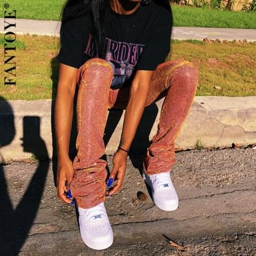 FANTOYE Shinny Sequins Fashion Stacked Sweatpants Women High Waist Skinny Pants Autumn Casual Ruched Solid Trousers Streetwear
