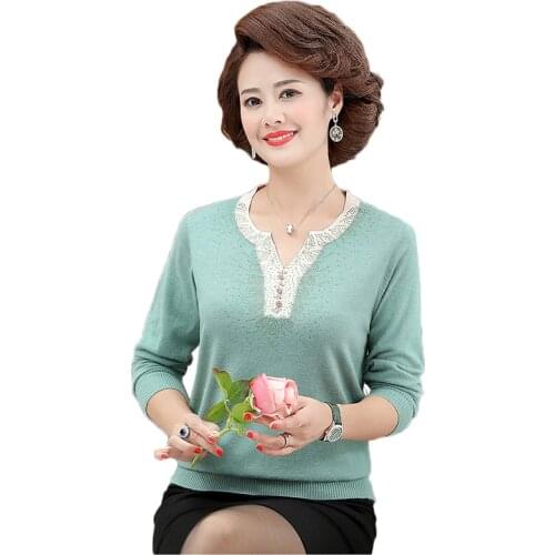 Women Cashmere Sweater V-Neck Elegant Pullovers Autumn Middle-aged Female Long Sleeve Knitted Sweater Large Size Knitwear H52