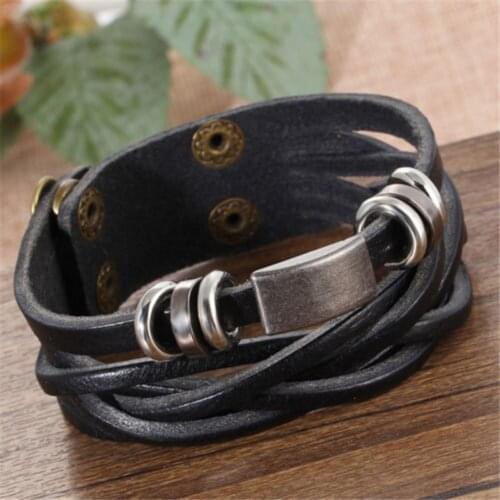 2019 Men Vintage Braided Faux Leather Stainless Steel Cuff Bangle Bracelet Wristband