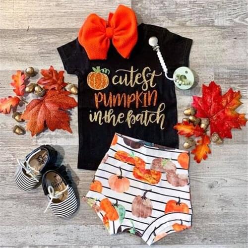 3pcs Baby Girls Boys Halloween Clothes Sets Letter Pumpkin Print Rompers Tops Striped Shorts Headband Toddler Infant Outfits