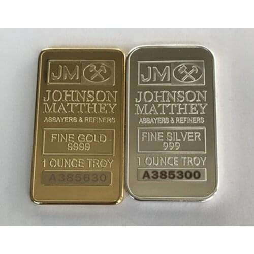 4 pcs The Non magnetic Johnson Matthey JM silver gold plated bullion souvenir coin bar with different laser serial number