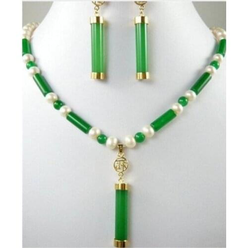Free Shipping charm Green Jade White pearl necklace +Jade earring set