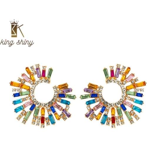 King Shiny Elegant Color Crystal Geometric Dangle Earrings Temperament Round Square Statement Drop Earrings Girls Party Jewelry