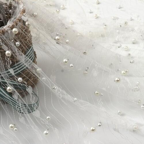 Beautiful Mesh Beaded Polyester Lace Fabric Tulle Fabric DIY White Wedding Dress Skirt Childrens Clothing Fabric,By The Yard