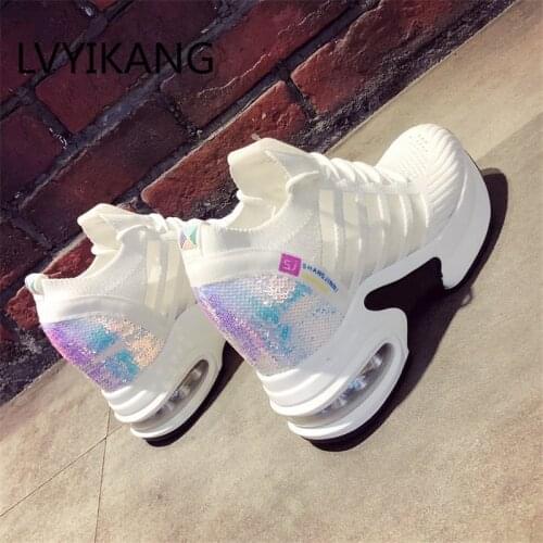 Knitted Elastic Mesh Bling Sneakers Women 2019 Spring Autumn Shoes Women Fashion Colorful Sequined Lace-Up Platform Sneakers