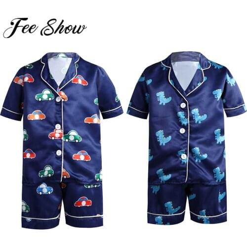 Summer Kids Pajamas Set Girls Cartoon Cars Dinosaurs Printed Short Sleeve Tops Shorts Kids Sleepwear Nightwear Boys Pyjamas Suit