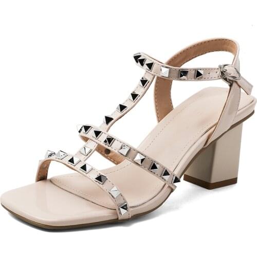Summer Womens Shoes Superfibria Square Toe Cap Rivet High-Heeled Thick Heel 34-40 Large Size Casual Women Sandals