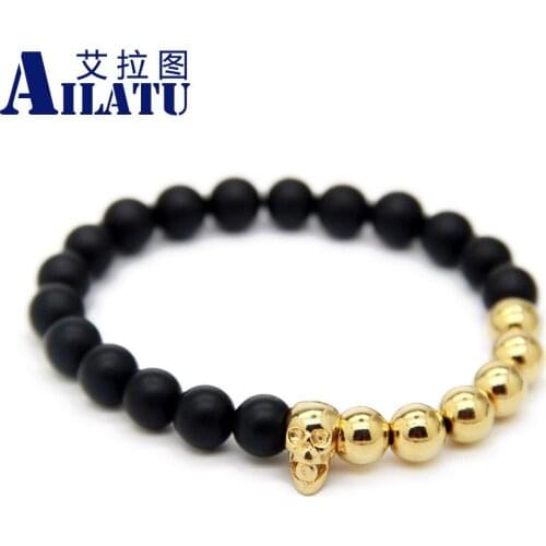 Ailatu Fashion Yoga Jewelry Round 8 mm Black Matte Stone with Bronze Yoga Skull Bracelet