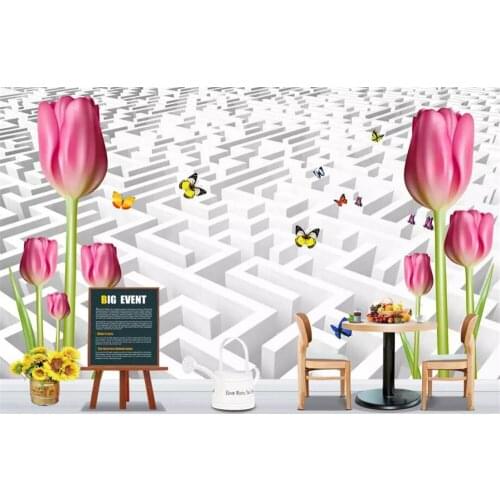 Beibehang Wallpaper custom mural wallpaper luxury 3d tulip space box butterfly background wall pink rose 3D soft bag decoration