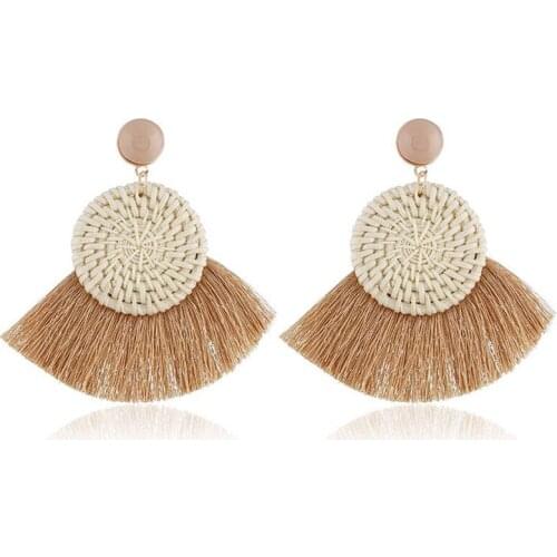 New Fashion Bohemia Geometric Round Straw Weave Rattan Dangle Earrings For Women Jewelry Statement Tassel Earrings AE403